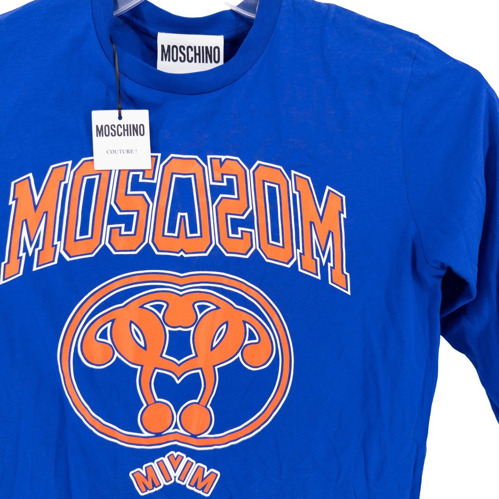 NWT Moschino Couture Mens 42 Long Sleeve T-Shirt Blue Graphic Logo Streetwear